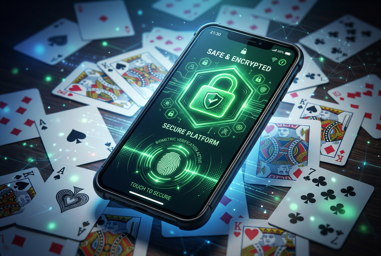 Gracz korzystający z aplikacji kasyna mobilnego na smartfonie z zabezpieczeniem biometrycznym