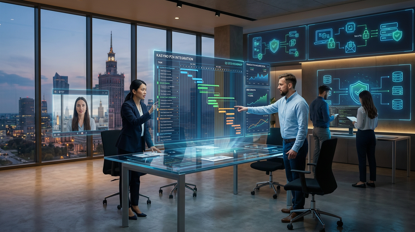 Futuristic project management office with digital charts and remote collaboration.