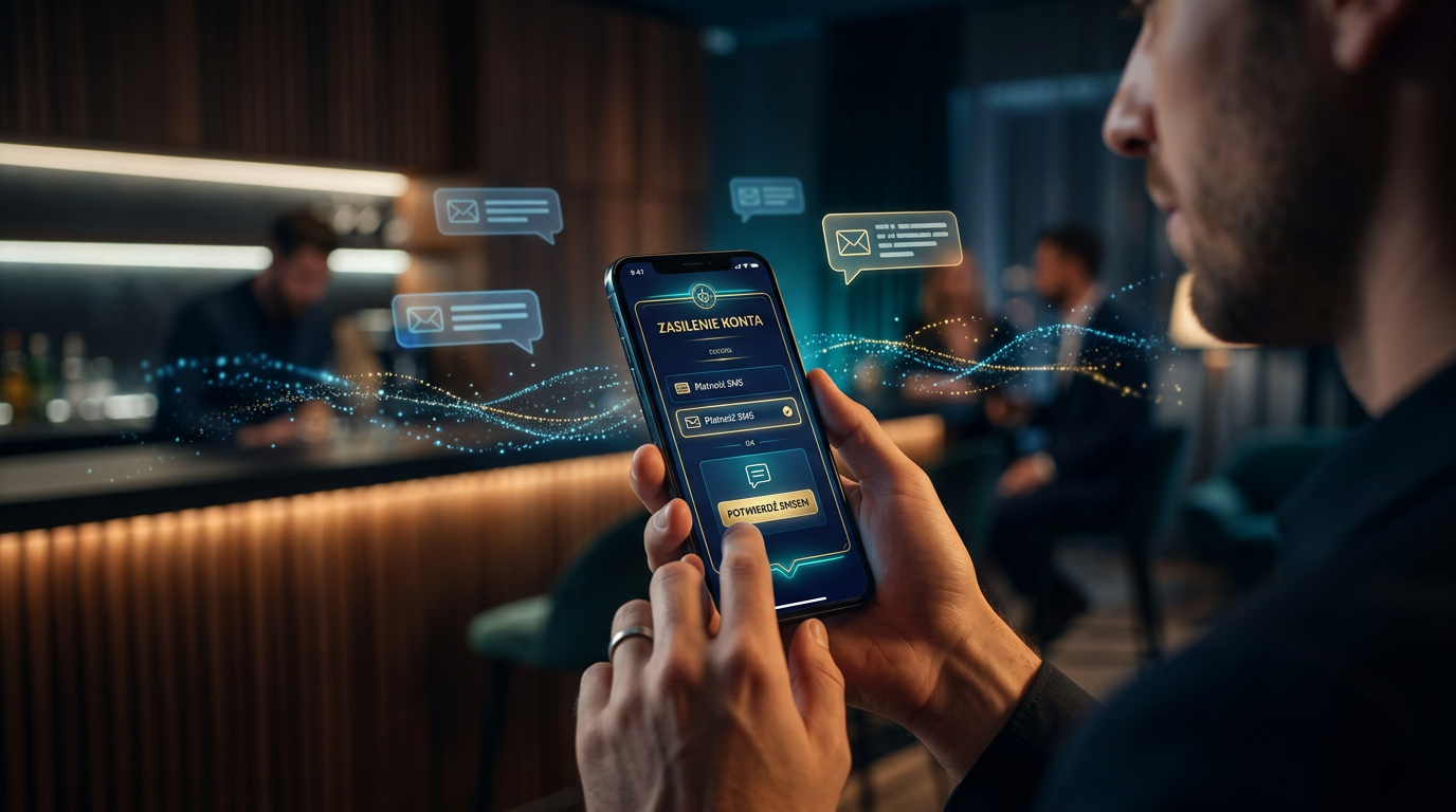 Futurystyczny interfejs kasyna mobilnego z ikonami płatności SMS i bezpiecznych transakcji.