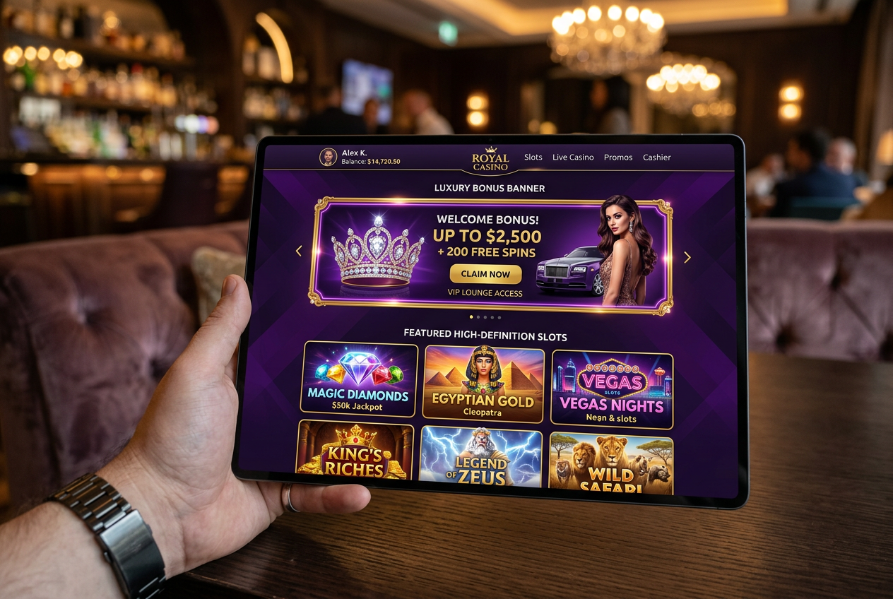 Nowoczesny interfejs NV Casino z ciemnym motywem i slotami premium