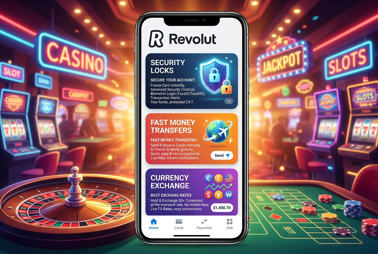 Infographic showing Revolut mobile app features for casino players including security locks and fast payments