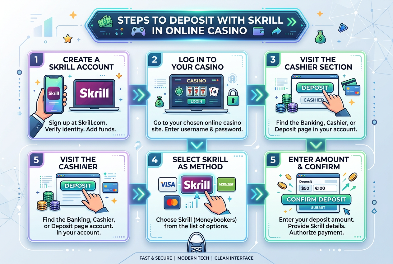 Step-by-step infographic showing how to deposit money with Skrill in an online casino